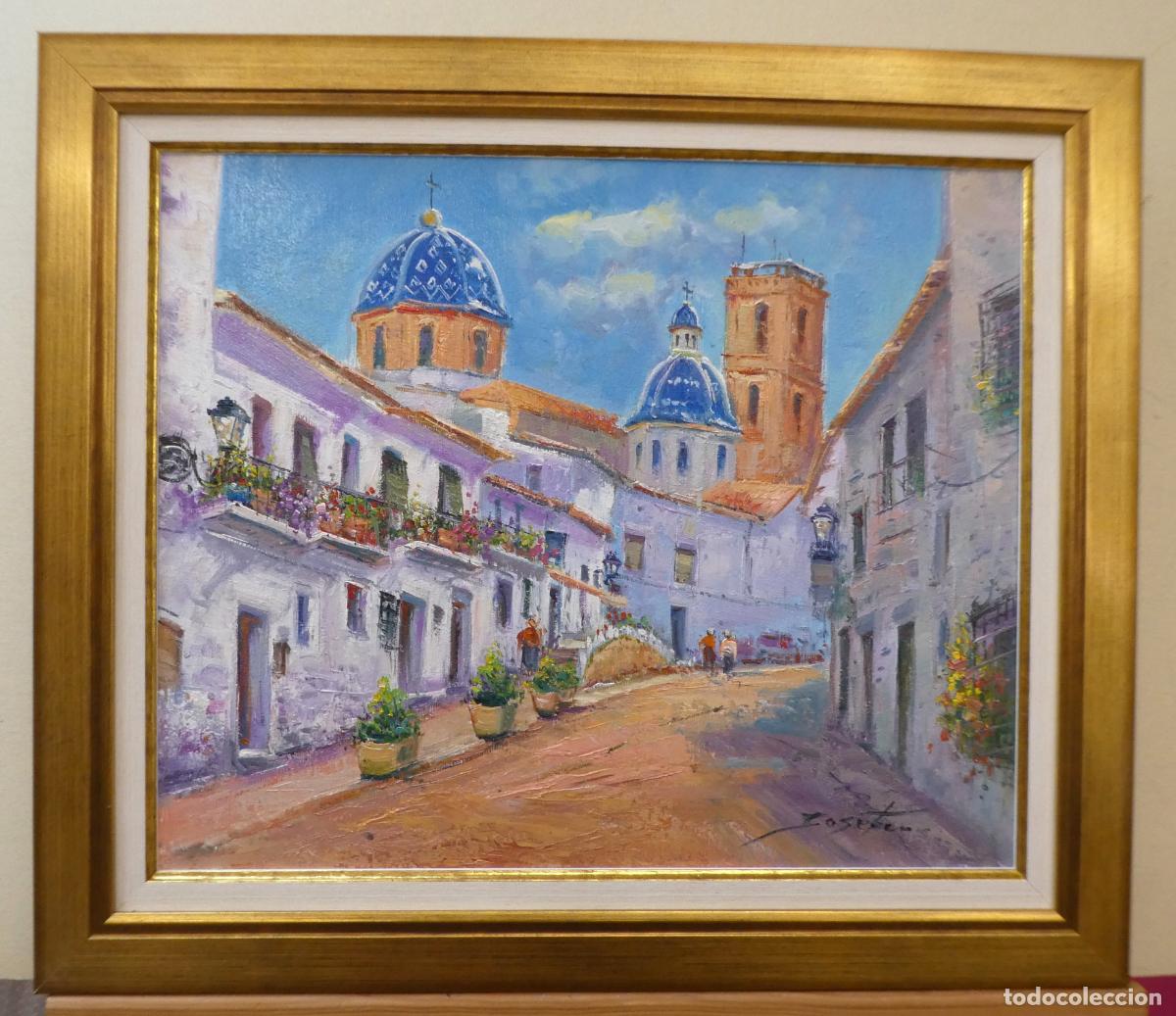 Arte: Oleo con marco del pintor alicantino Jos&eacute; Ferri,vista de una calle de Altea, mide 46X38 cm