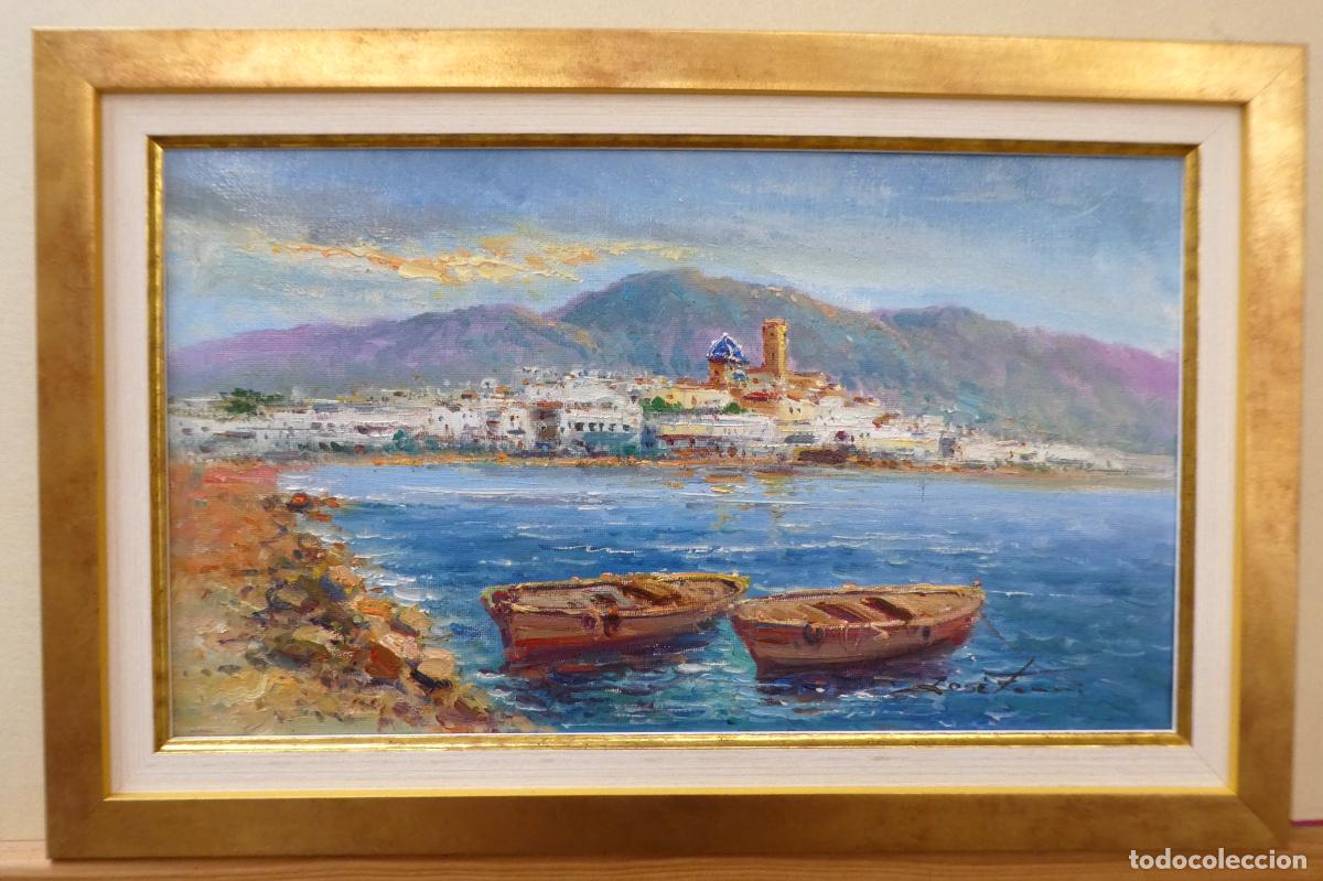 Arte: Oleo con marco del pintor alicantino Jos&eacute; Ferri,vista de Altea, mide 41X24 cm