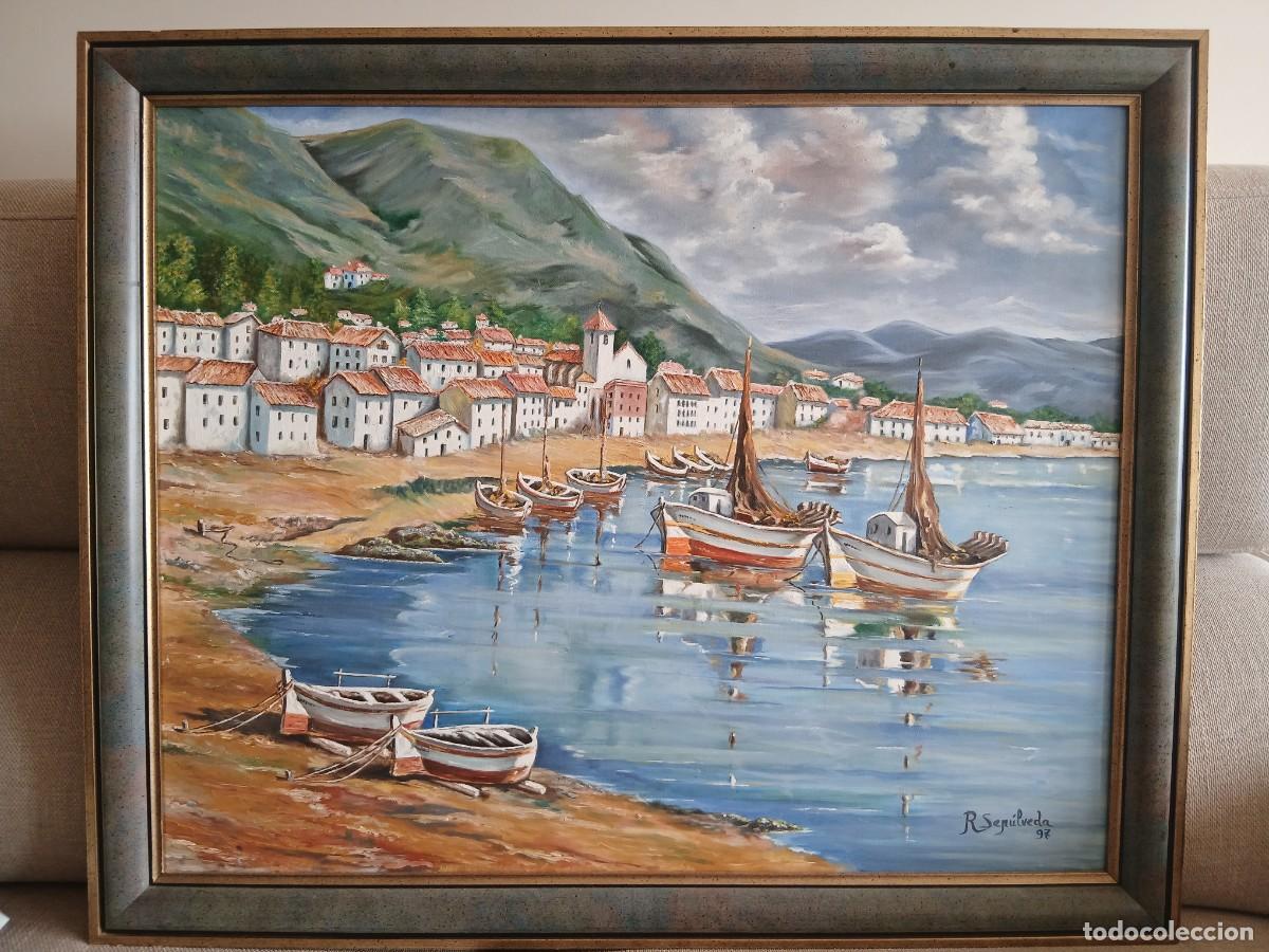 Arte: Pintura al &oacute;leo sobre lienzo - Marina con barcas y pueblo - R. Sep&uacute;lveda 1997 (90x75 cm)
