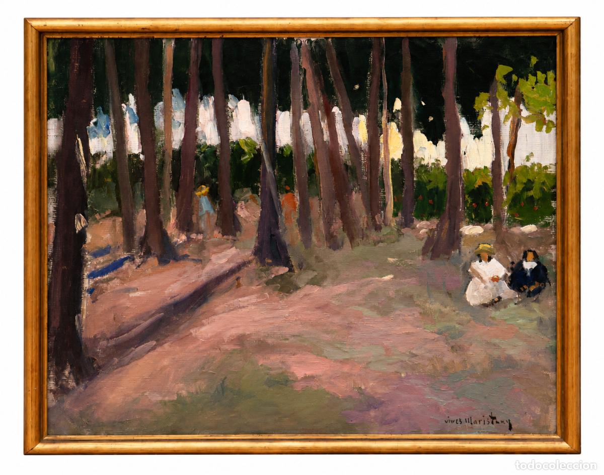 Arte: JOAN VIVES MARISTANY (1901 - 1932) OLEO SOBRE TELA TITULADO DESCANSO EN EL PARQUE
