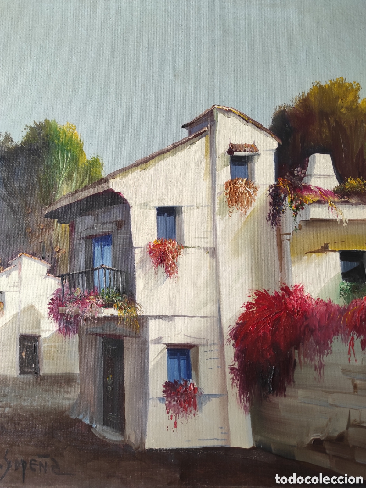Arte: &ldquo;H. Sope&ntilde;a &ndash; &Oacute;leo sobre lienzo &ndash; Pueblo mediterr&aacute;neo &ndash; 46&times;55 cm &ndash; Firmado&rdquo;