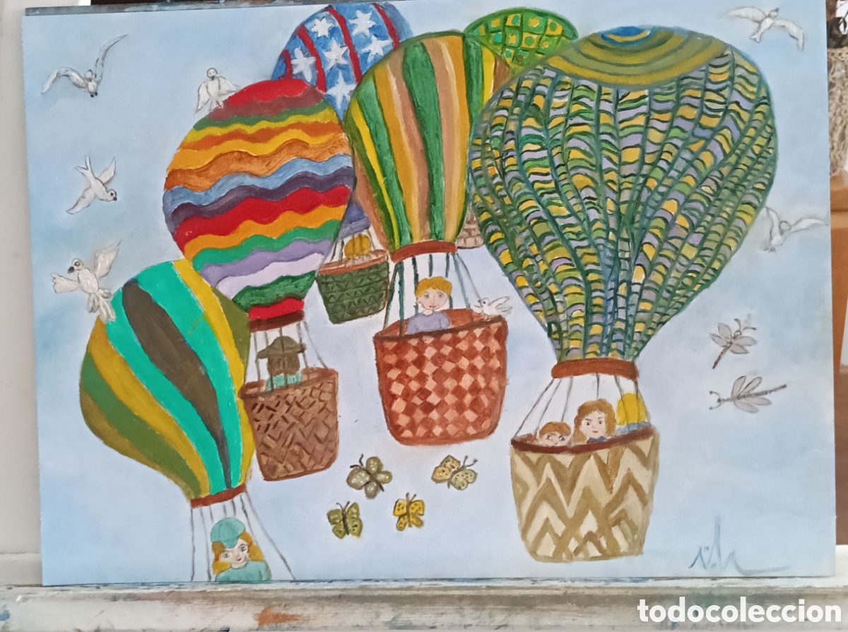 Arte: Cuadro na&iuml;f. Paseo en globo