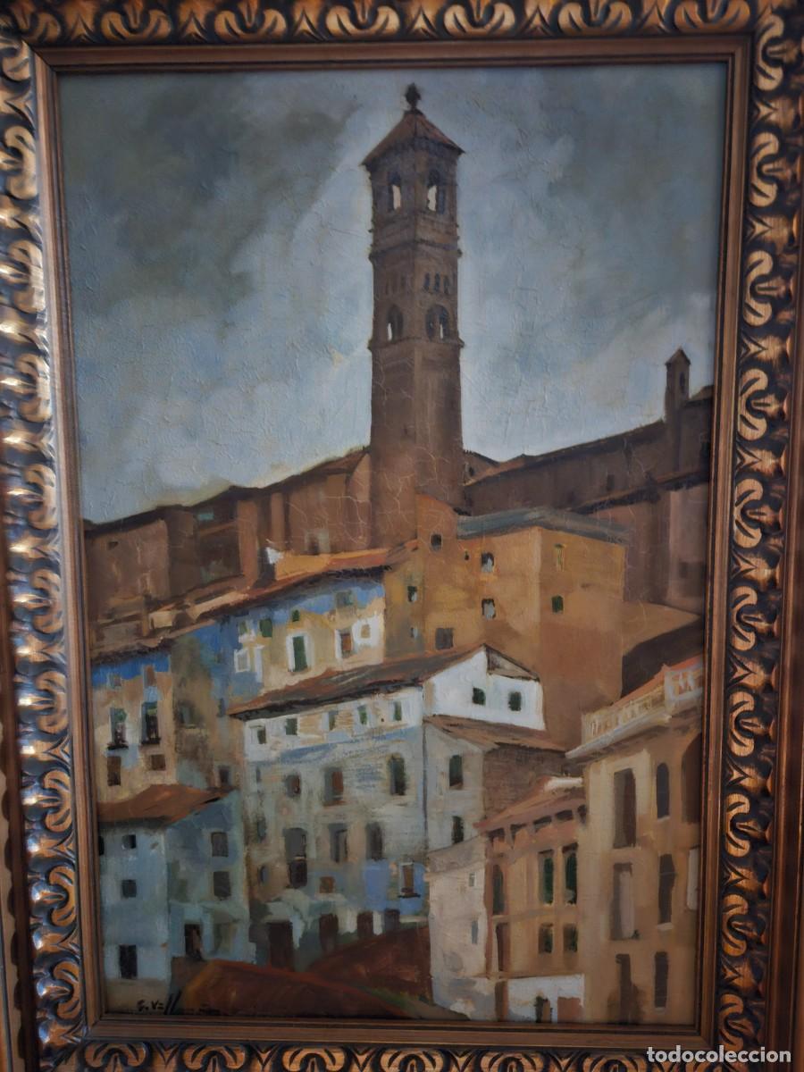 Arte: &Oacute;leo sobre lienzo. Vista de Albarrac&iacute;n. Enmarcado. Paisaje aragon&eacute;s.