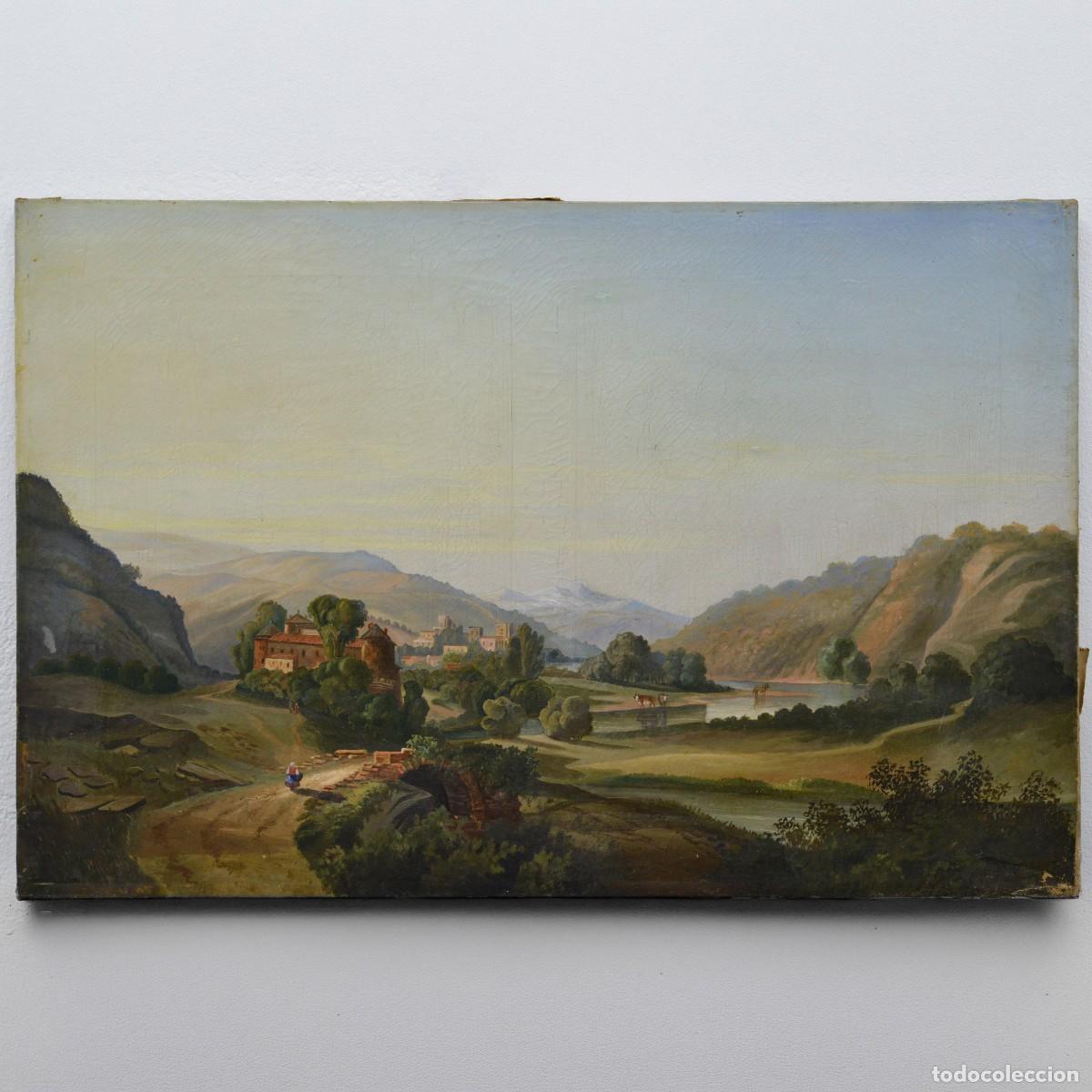 Arte: 19th Century Romantic Pastoral Alpine River Valley Landscape Oil Canvas Signed