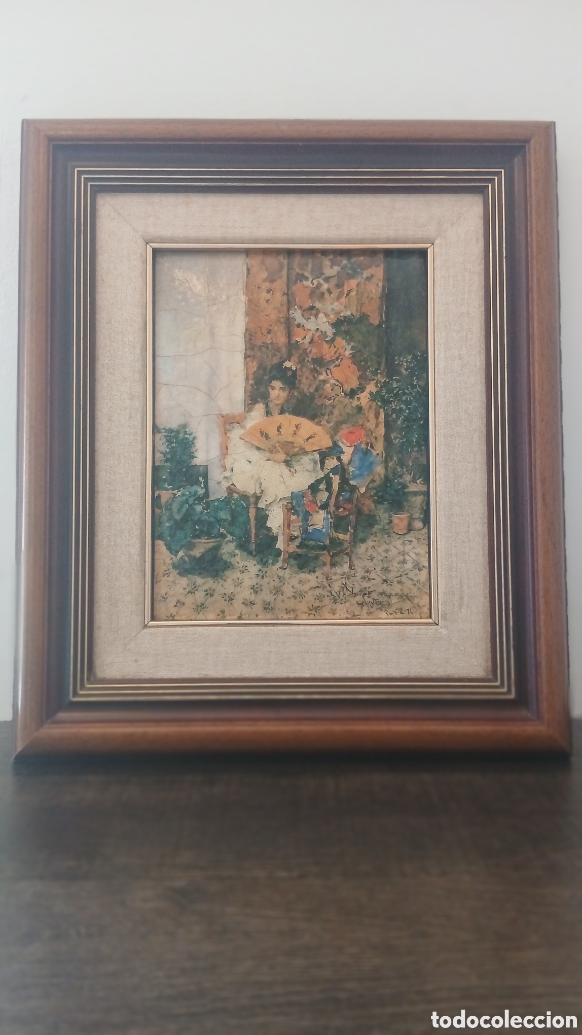Arte: Cuadro antiguo con firma. Lienzo con escena interior y figuras 37 &times; 42 cm