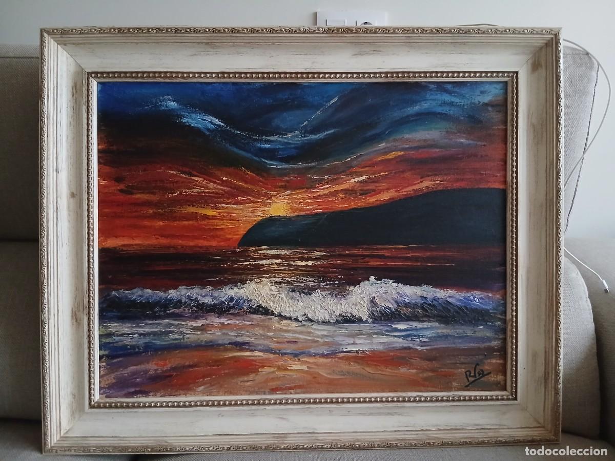 Arte: Pintura gran formato original al &oacute;leo sobre lienzo - Paisaje marino al atardecer (1993)