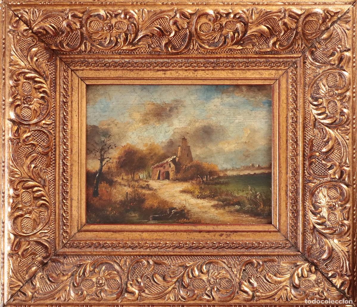 Arte: Paisaje con ruinas. &Oacute;leo sobre cobre. Siglo XIX. Mide 20 x 15 cm.