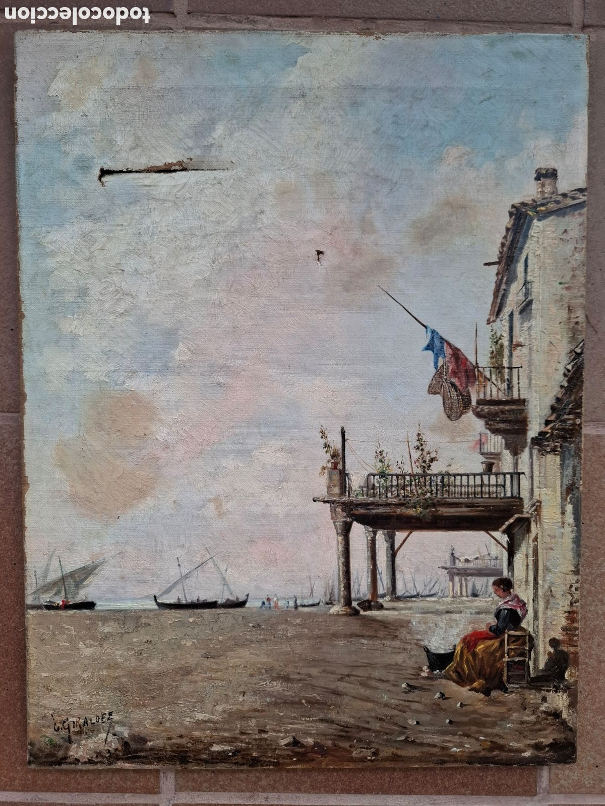 Arte: PINTURA ANDALUZA SIGLO XIX OLEO SOBRE TELA PLAYAS DE CADIZ DEL PINTOR GIRALDEZ A RESTAURAR