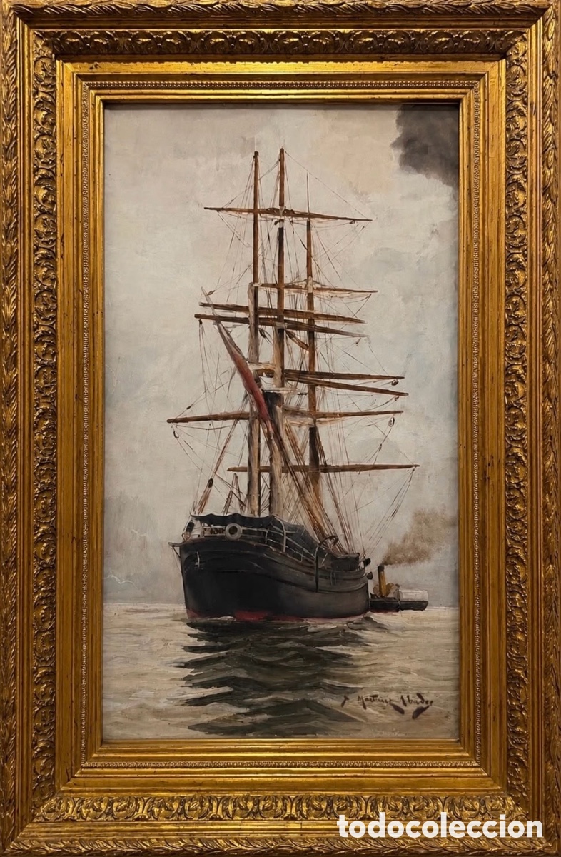 Arte: Escena portuaria con velero - Juan Mart&iacute;nez Abades (1862&ndash;1920)