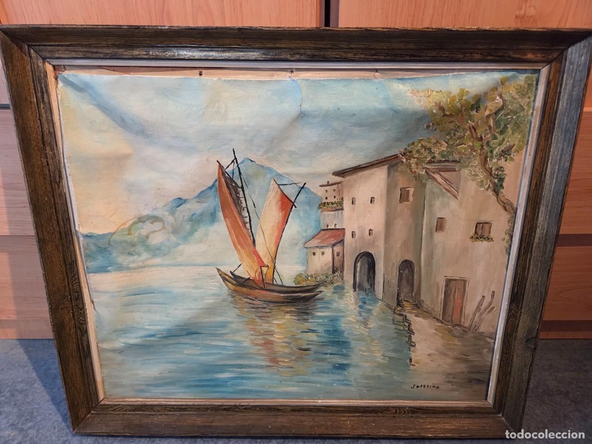 Arte: Cuadro &Oacute;leo Antiguo Velero Marco Madera