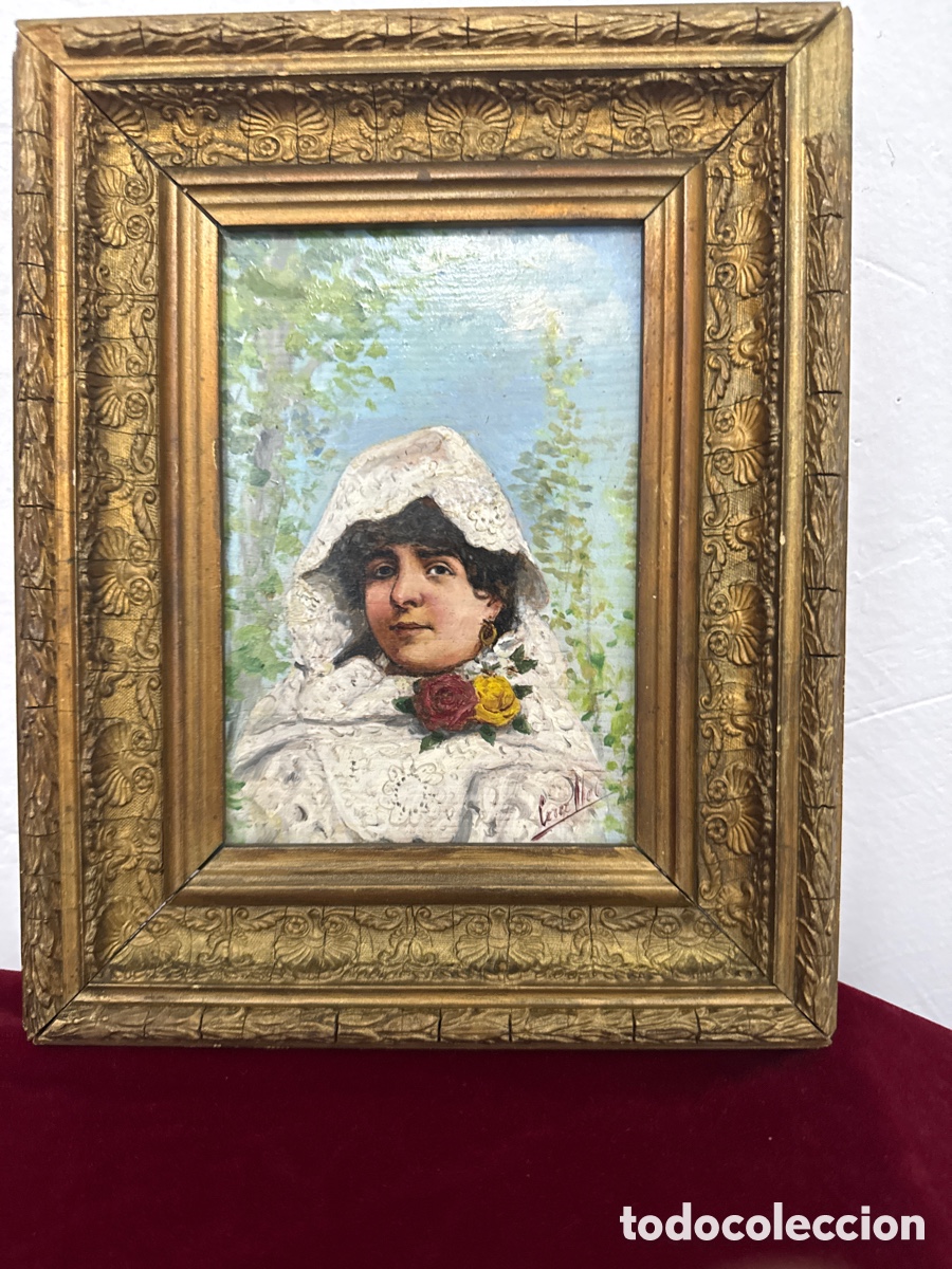 Arte: &Oacute;leo Manola sobre tabla siglo XIX. Escuela sevillana. Firmado