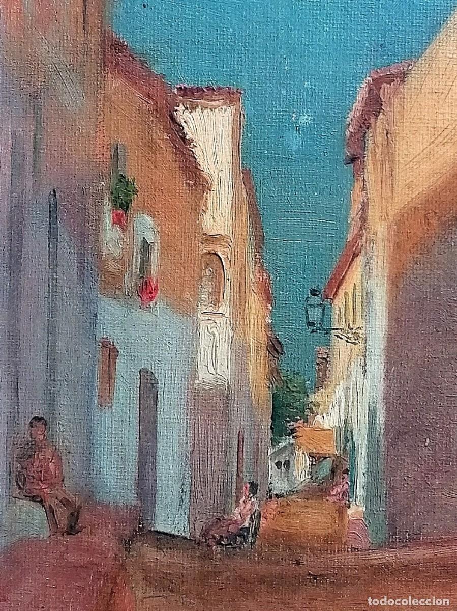 Arte: Escuela catalana (Reus) finales s.XIX, &oacute;leo/tela/tabla 27 x 18 cm. Calle de pueblo. Con marco.