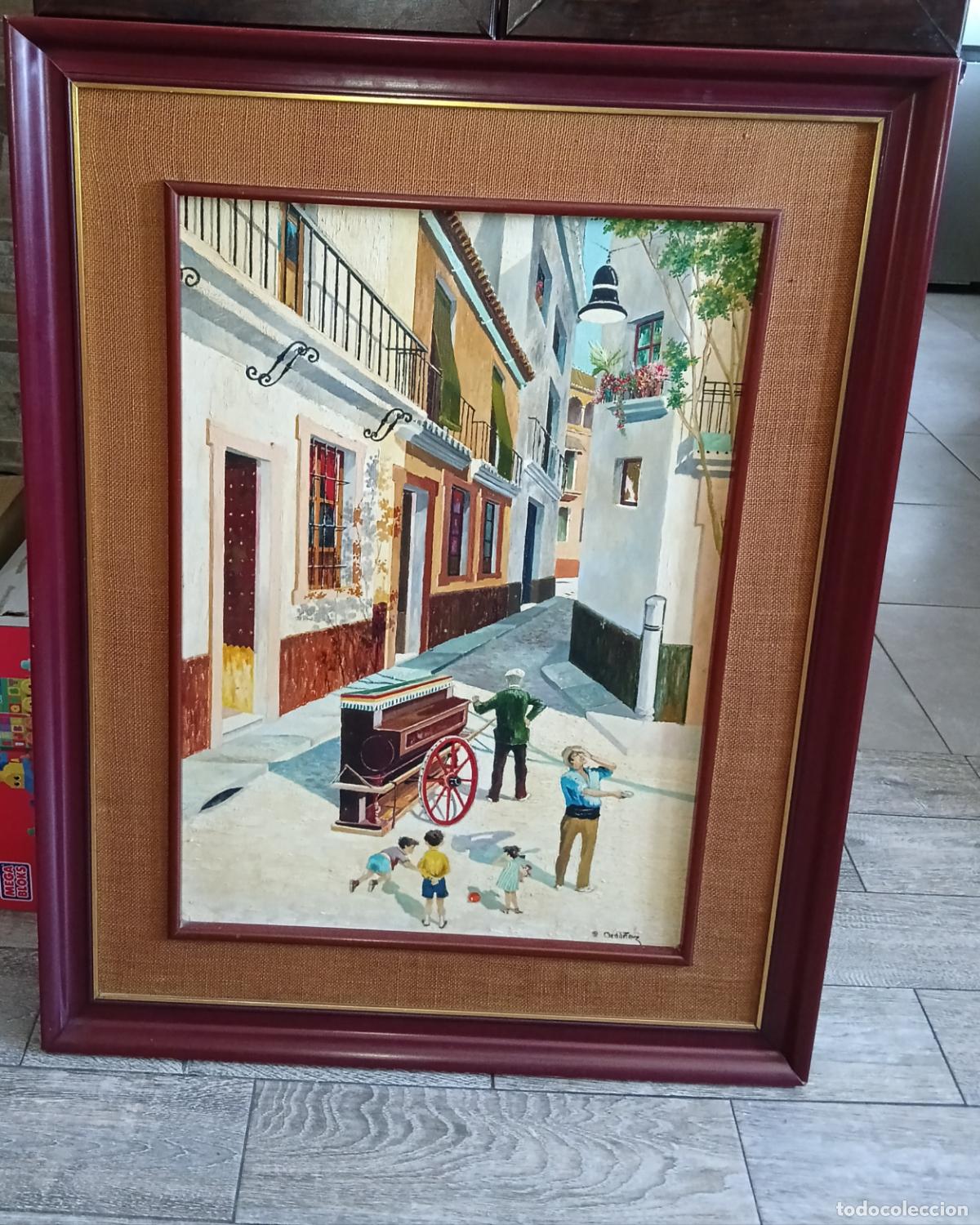 Arte: ​&Oacute;leo sobre tabla Escena costumbrista con organillo y calle tradicional 94x73 firmado por Ord&oacute;&ntilde;ez