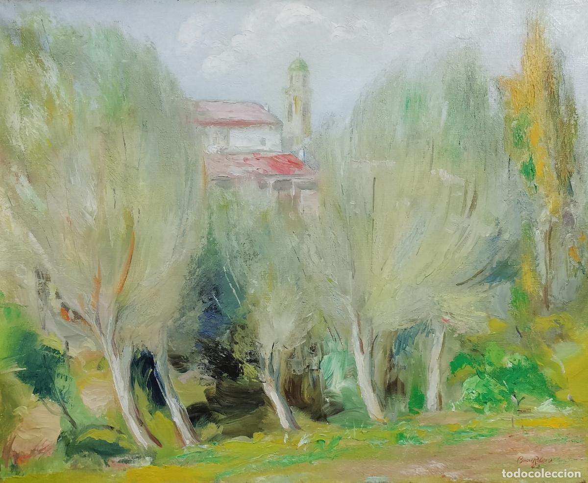 Arte: PAISAJE CON &Aacute;RBOLES Y CAMPANARIO. ILEGIBLE. ESCUELA MALLORQUINA. &Oacute;LEO SOBRE LIENZO. ESPA&Ntilde;A. XX.