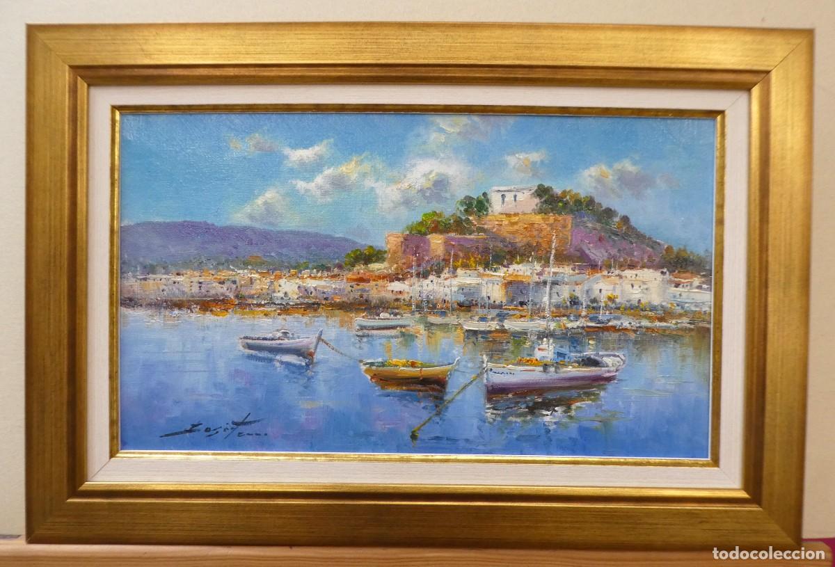 Kunst: Oleo con marco de La localidad de Denia , firmado Jos&eacute; Ferri mide 41X24 cm y 52X35 cm con marco