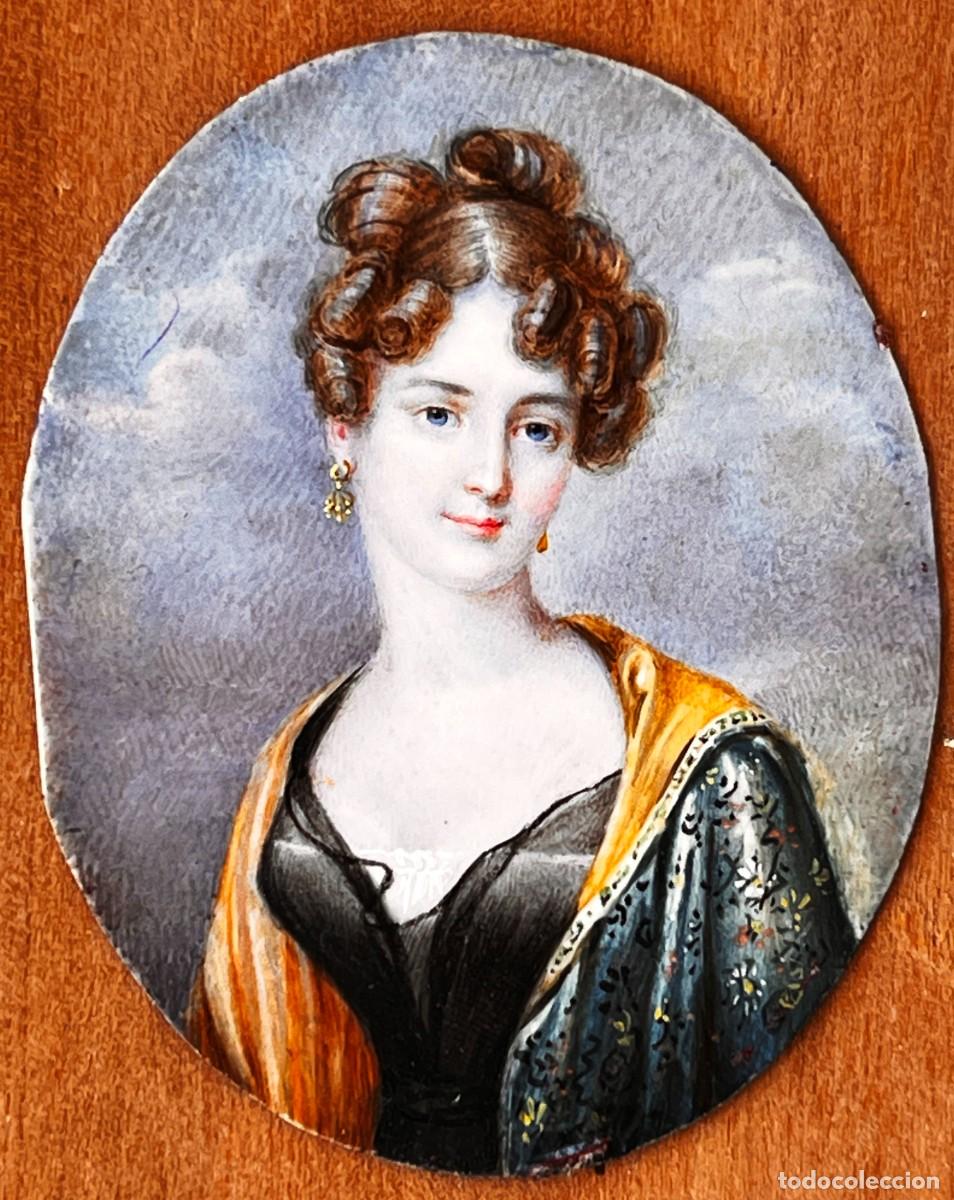 Arte: MINIATURA RETRATO DE DAMA SOBRE MARFIL, &Eacute;POCA BIEDERMEIER / ROM&Aacute;NTICA, C. 1825-1840, MARCO EBONIZ