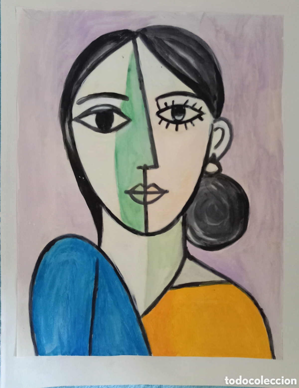 Arte: Interpretaci&oacute;n pintura dibujo (t&eacute;cnica mixta) de Picasso (10) acuarela y acr&iacute;lico sobre papel doble