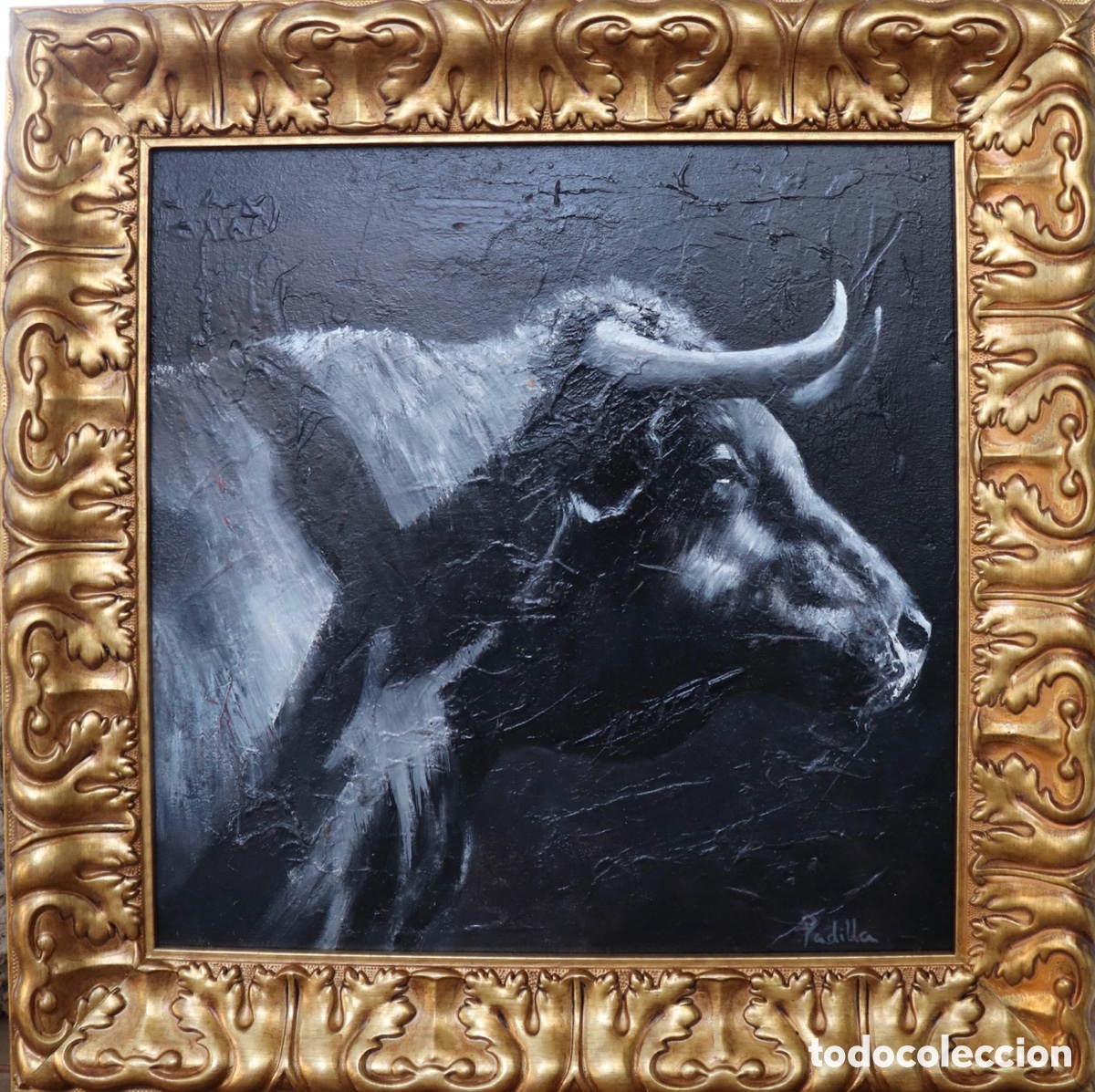 Arte: Pintura de Toro sobre tabla Marco Dorado