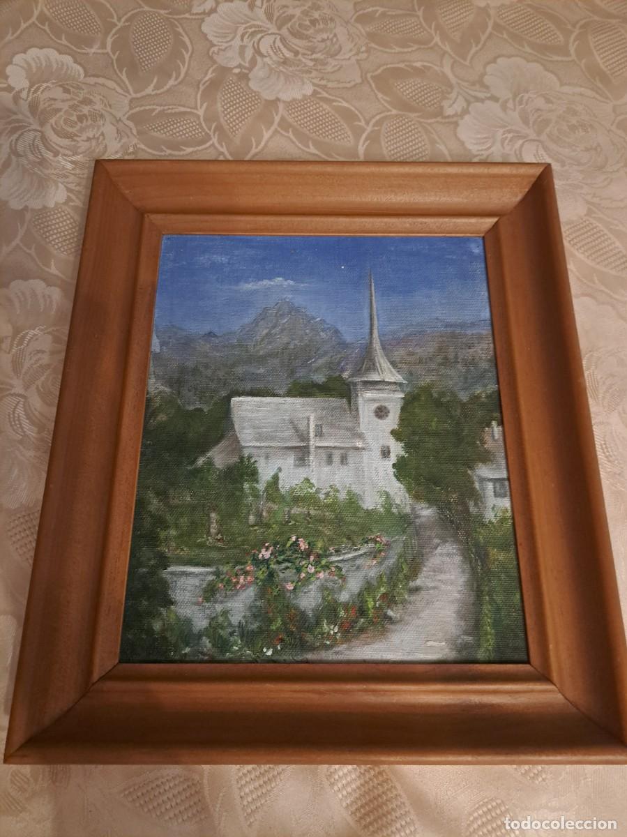 Arte: &oacute;leo enmarcado iglesia alpina blanca rodeada de monta&ntilde;as