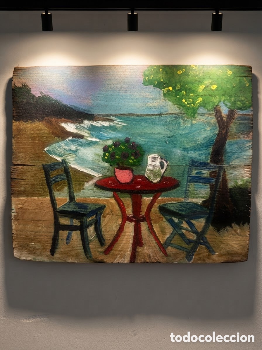 Arte: Pintura &uacute;nica sobre madera r&uacute;stica - Paisaje mediterr&aacute;neo (Mesa junto al mar)