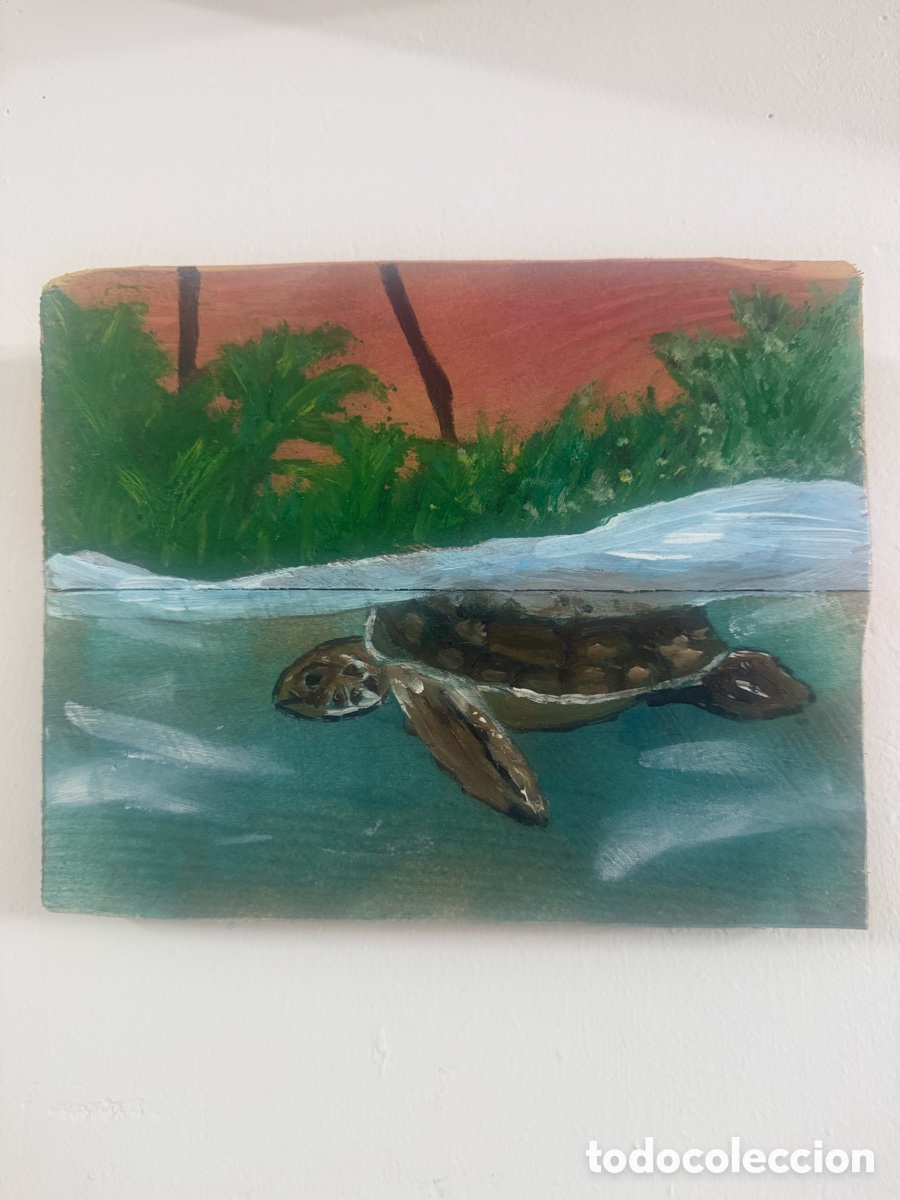 Arte: Pintura &uacute;nica sobre madera r&uacute;stica - Tortuga marina (Arte marino / Tropical)