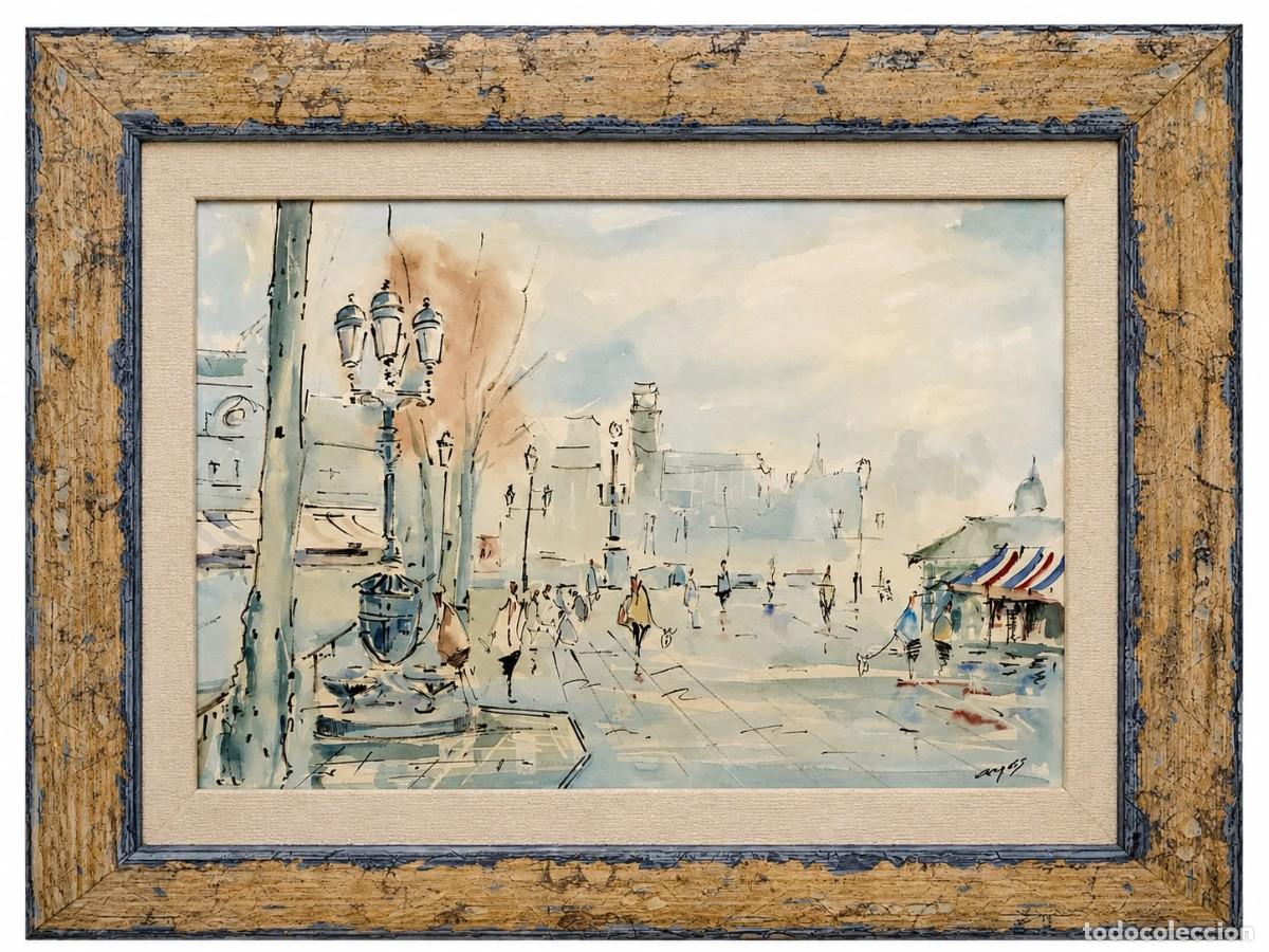 Arte: Pintura Rambla de Canaletas Barcelona Acuarela Josep Amat Pag&egrave;s Any 65