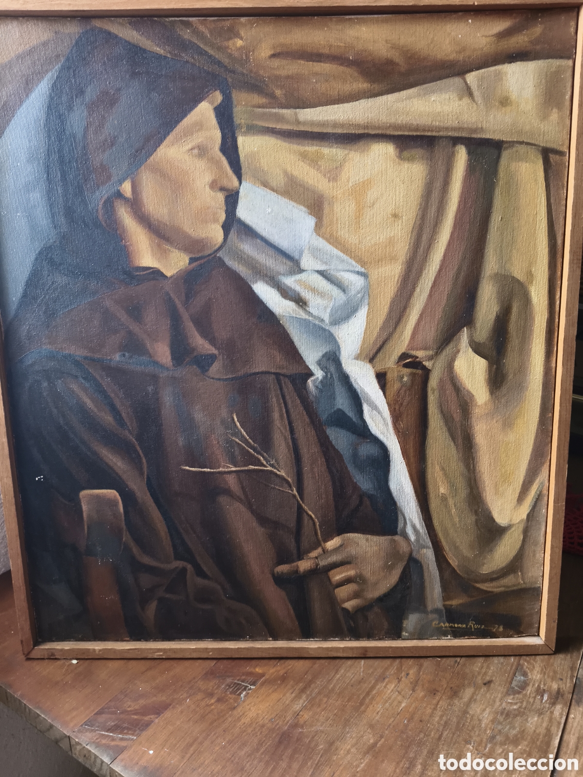 Arte: Cuadro religioso pintado al oleo con fraile pensativo, firmado