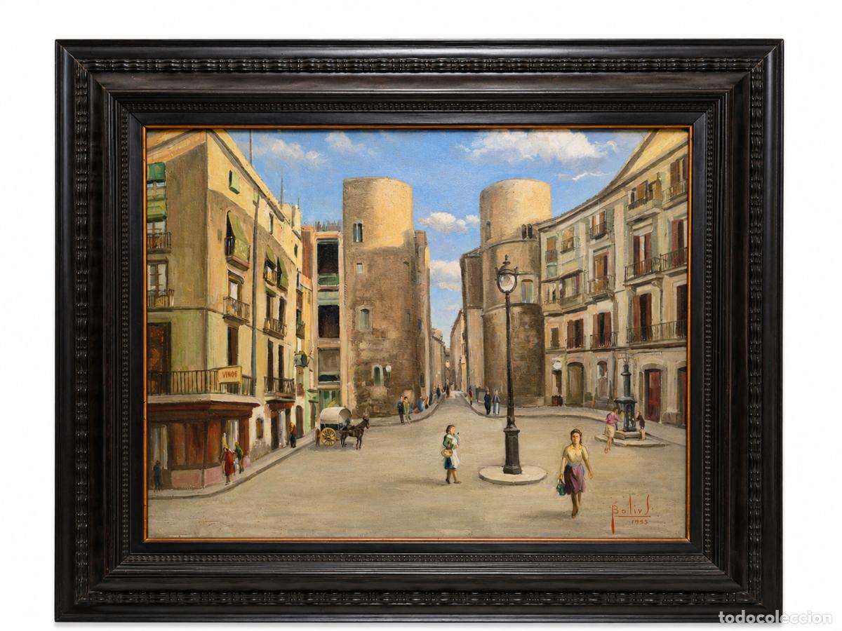 Arte: Paisaje Urbano de Barcelona - Pintura al &Oacute;leo - Firma B&aacute;lius, 1943
