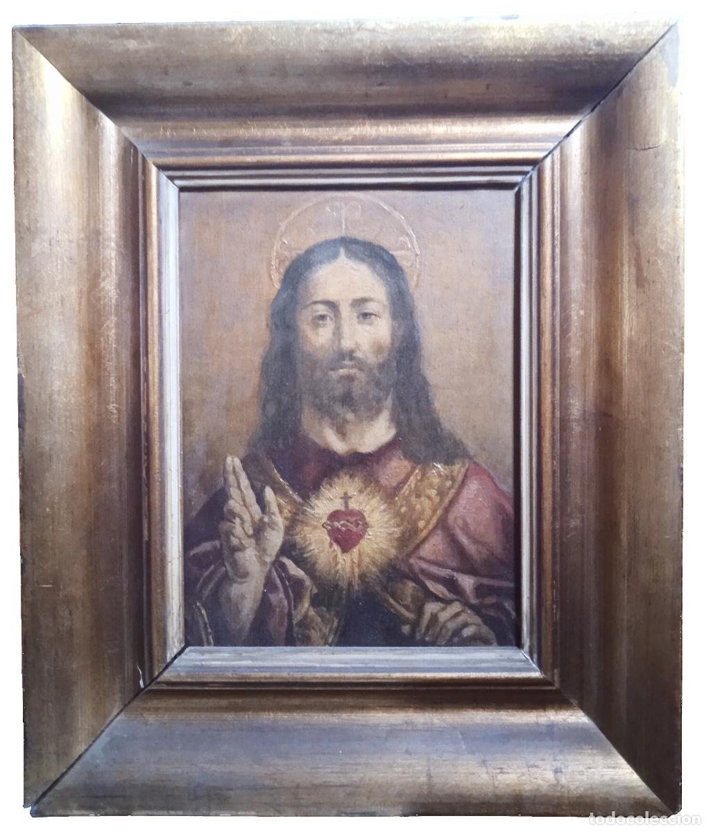 Arte: Coraz&oacute;n Sagrado de Jes&uacute;s-&Oacute;leo sobre tabla - Foto 2