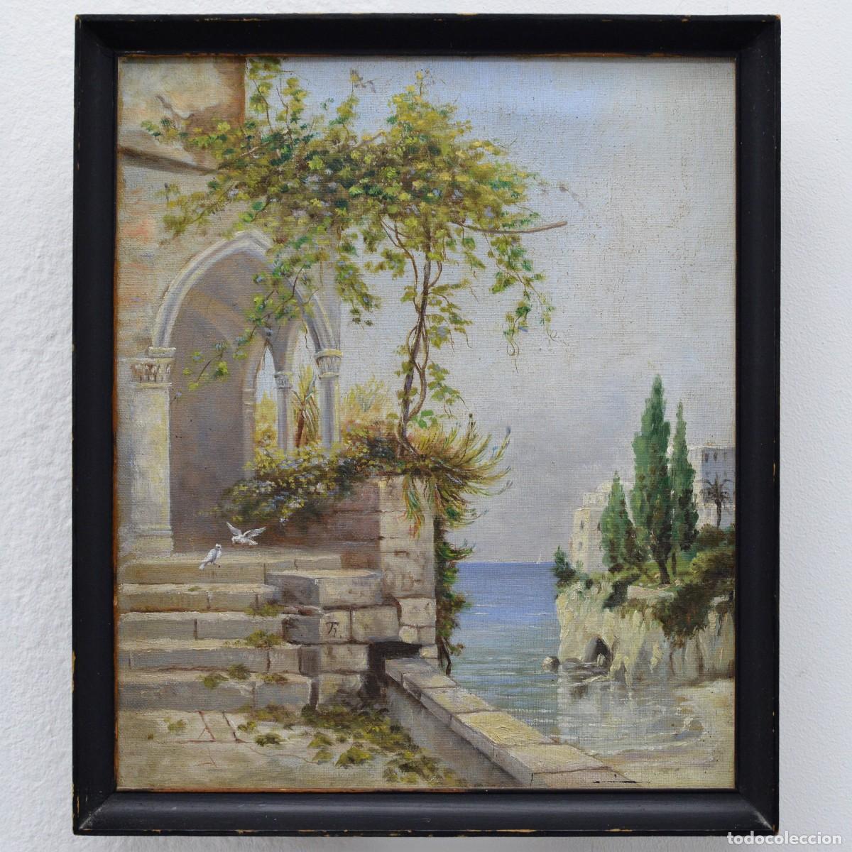 Arte: 19th Century European Romantic Mediterranean Riviera Oil Canvas Signed Framed