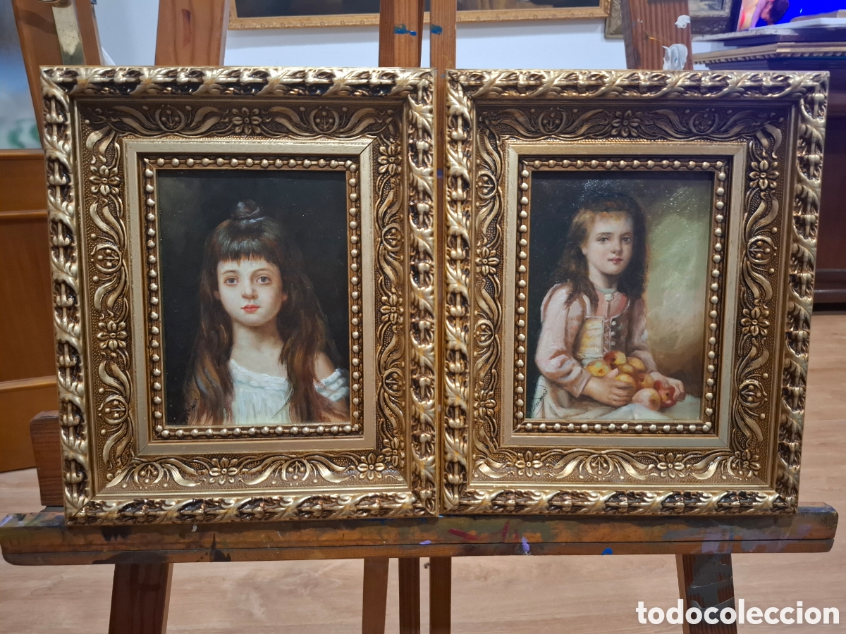 Arte: Pareja de cuadros retrato de ni&ntilde;as