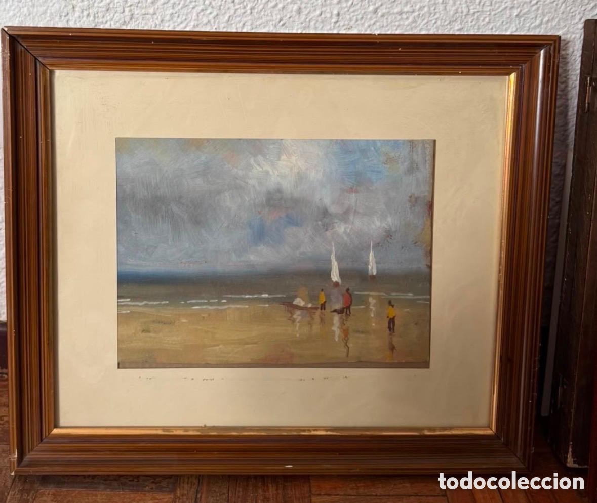 Arte: Pintura al &Oacute;leo Marina con Barcos y Figuras en la Playa - Marco de Madera