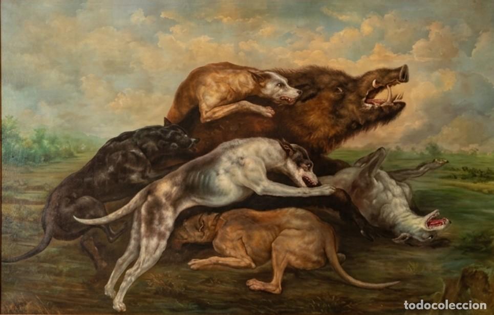 Arte: CAZA DE JABAL&Iacute; CON JAUR&Iacute;A DE PERROS. AN&Oacute;NIMO. &Oacute;LEO SOBRE LIENZO. INGLATERRA. SIGLO XIX.