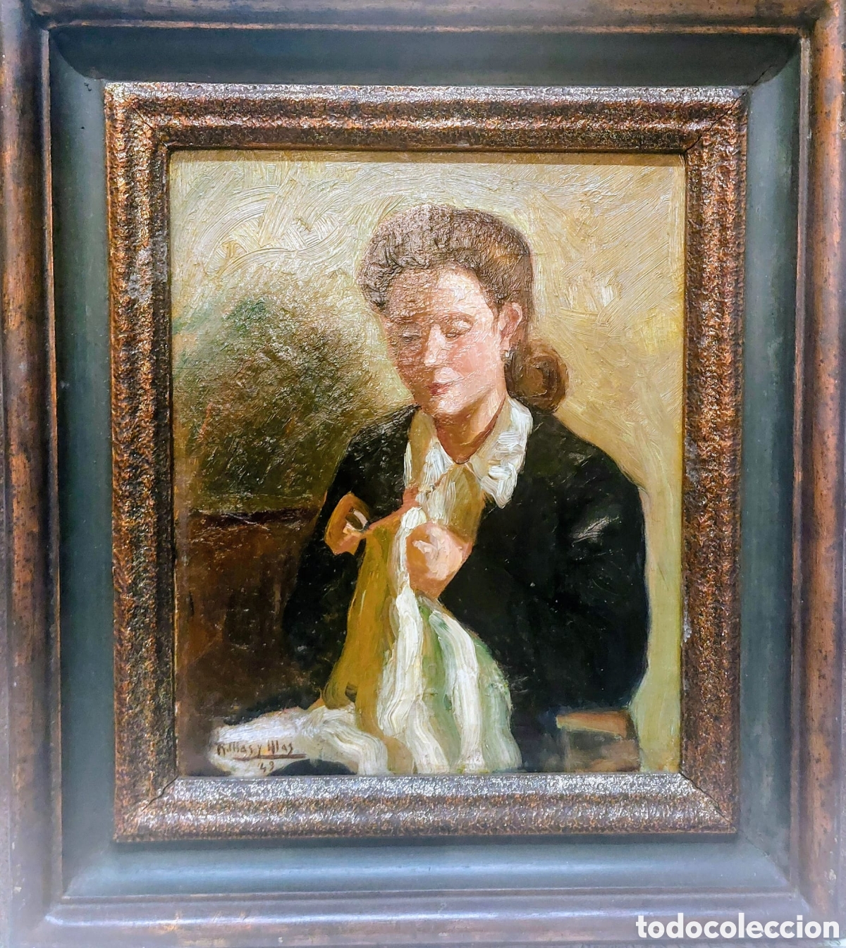 Arte: RAMON MAS Y MAS OLEOTELA 41X33 DE 1949 SAN POL RETRAT DE MONTSERRAT BLACHC MARCO ORIGINAL