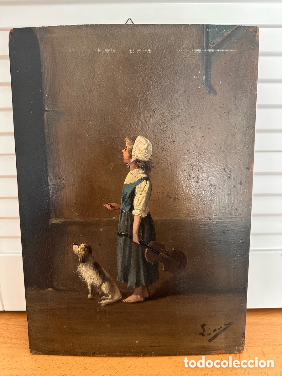 Arte: &Oacute;leo sobre tabla &ndash; Joven violinista con perro &ndash; Escuela europea, siglo XIX