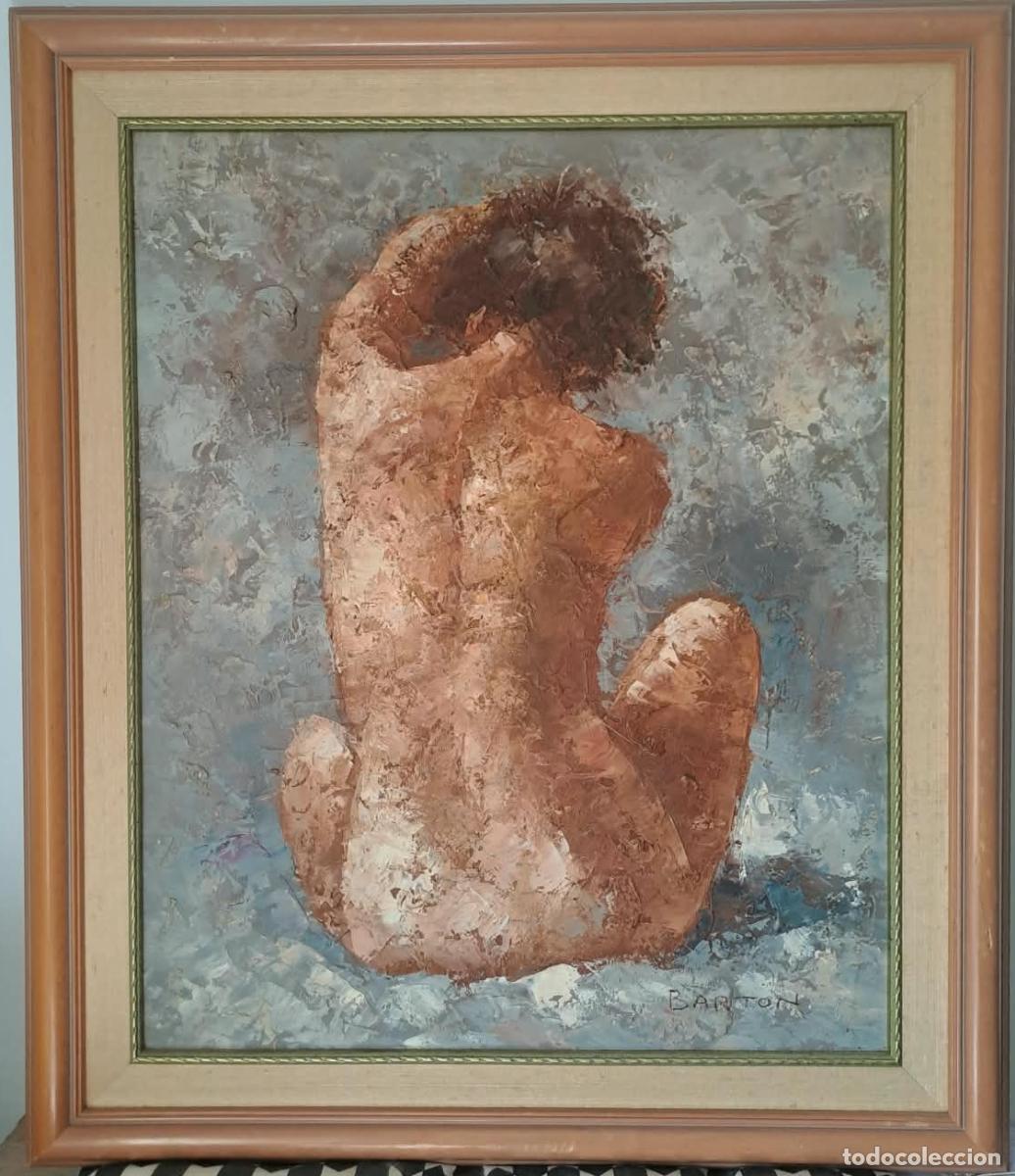 Arte: BARTON &ndash; Desnudo femenino sentado, &oacute;leo mat&eacute;rico firmado, finales s. XX