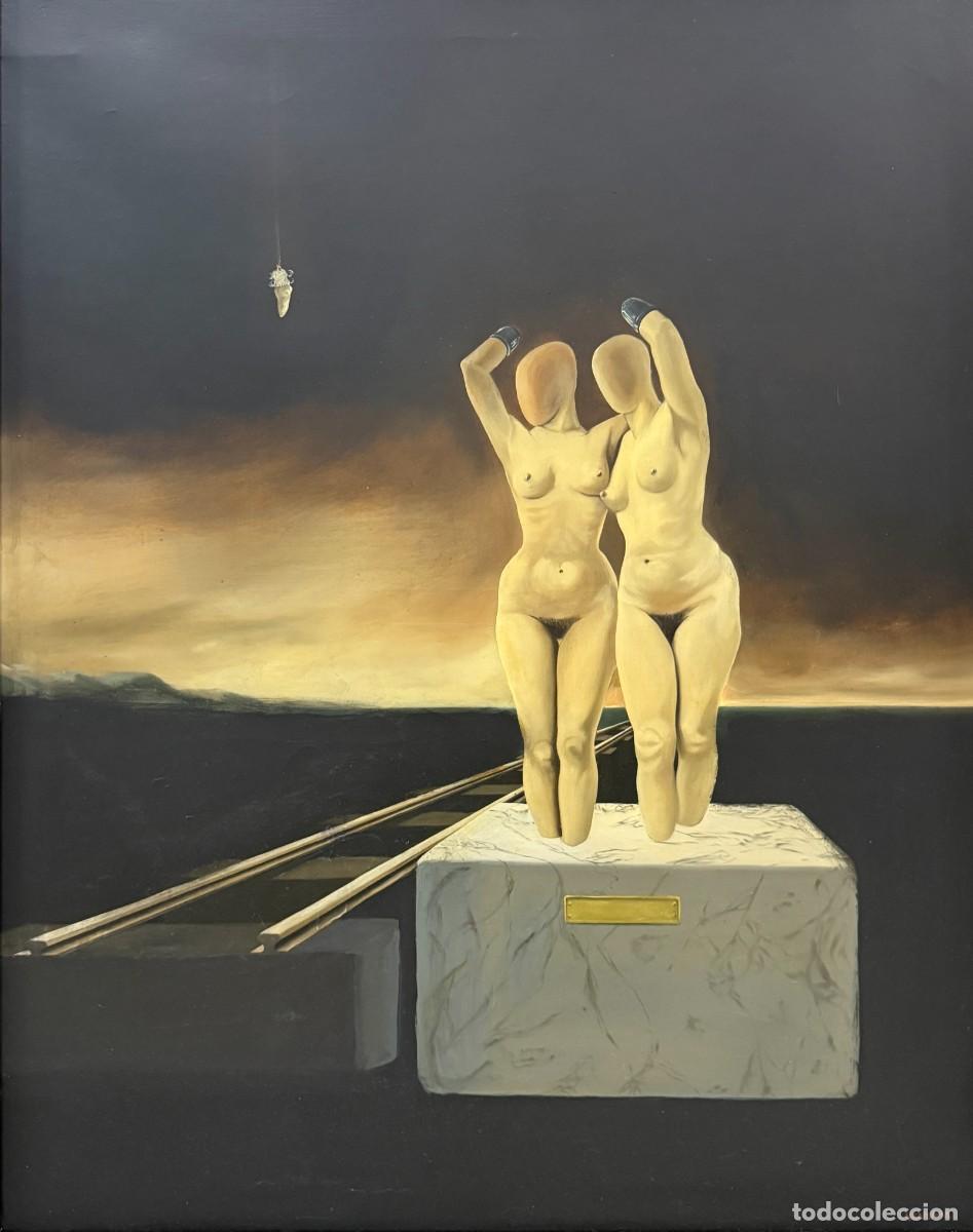 Arte: Francesc Vilaplana &ndash; Gran &oacute;leo surrealista con figuras femeninas y cris&aacute;lida &ndash; 92 x 73 cm