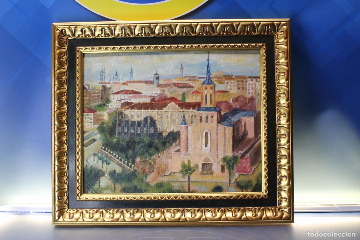 Arte: 06. &Oacute;leo sobre tabla. Vistas de iglesia. Bonito marco de madera dorada y verde oscura.