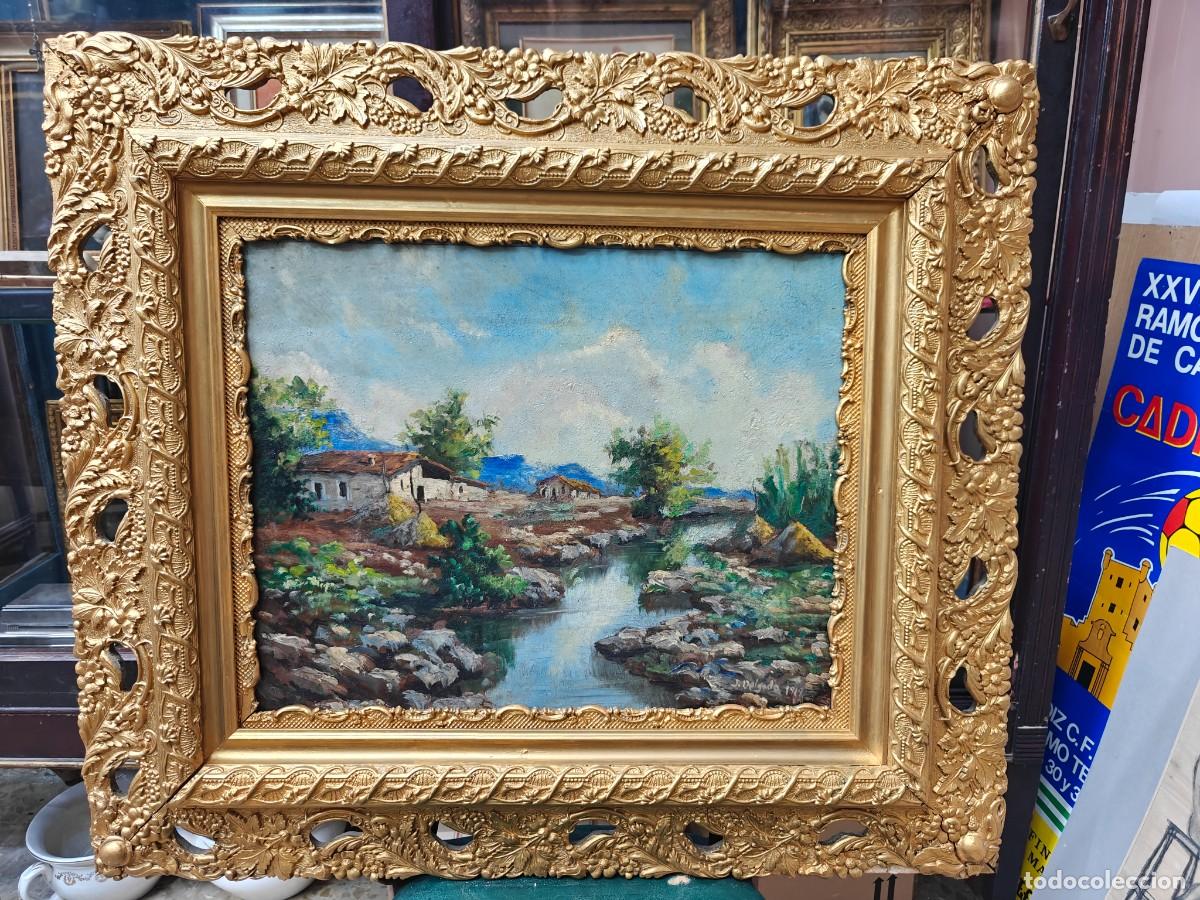 Arte: Paisaje Rural con R&iacute;o &ndash; Pintura al &Oacute;leo &ndash; Magn&iacute;fico Marco Dorado