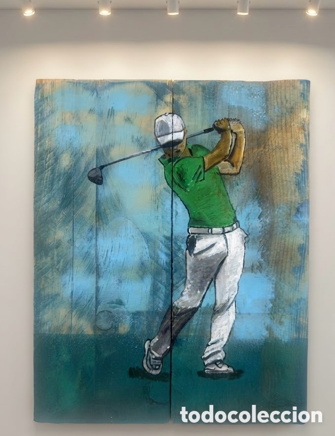 Arte: Pintura &uacute;nica sobre madera r&uacute;stica - Jugador de Golf (Swing / Deporte)