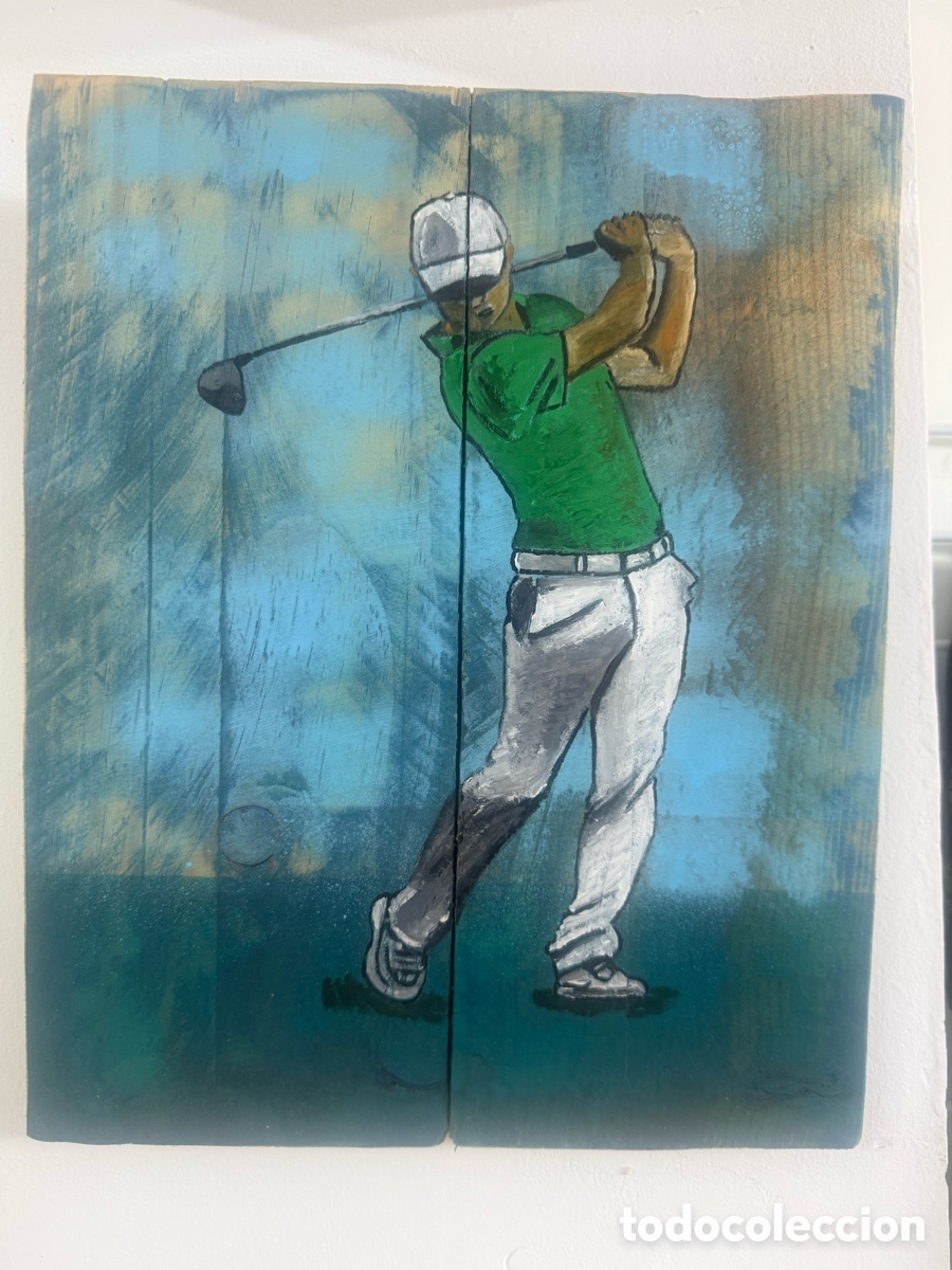 Arte: Pintura &uacute;nica sobre madera r&uacute;stica - Jugador de Golf (Swing / Deporte)