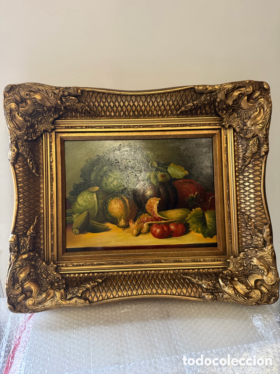Arte: Bodeg&oacute;n al &oacute;leo con marco dorado