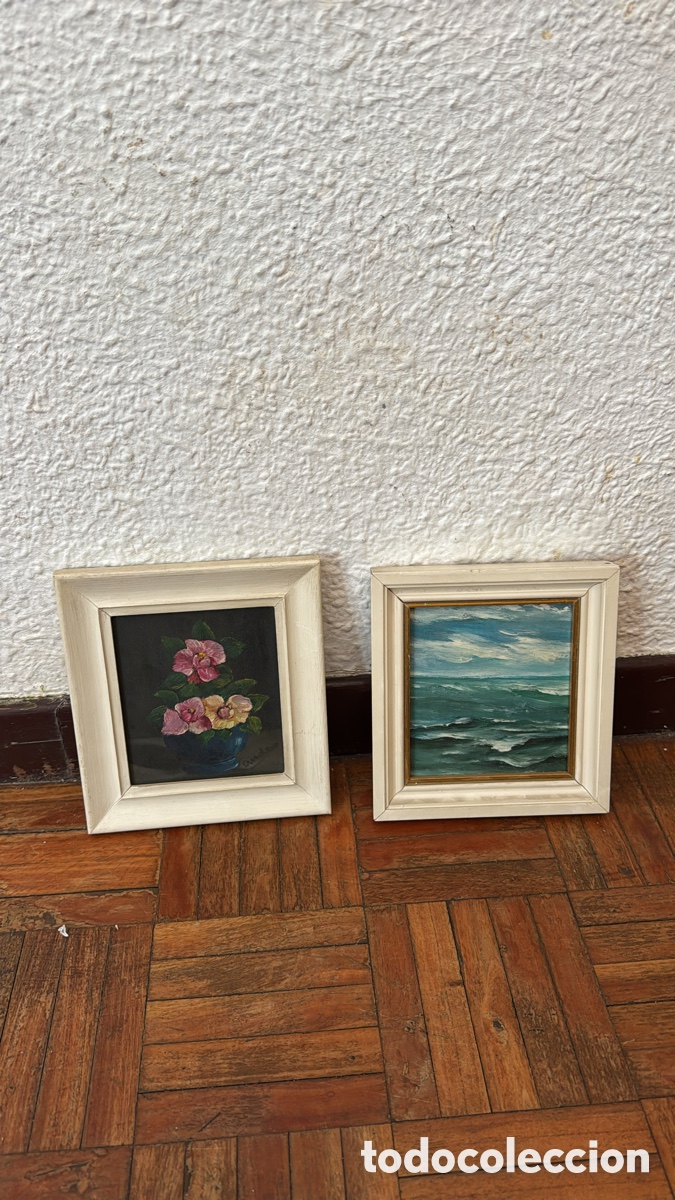 Arte: Pareja de Mini Cuadros al &Oacute;leo - Marina y Flores (Marcos de Madera)