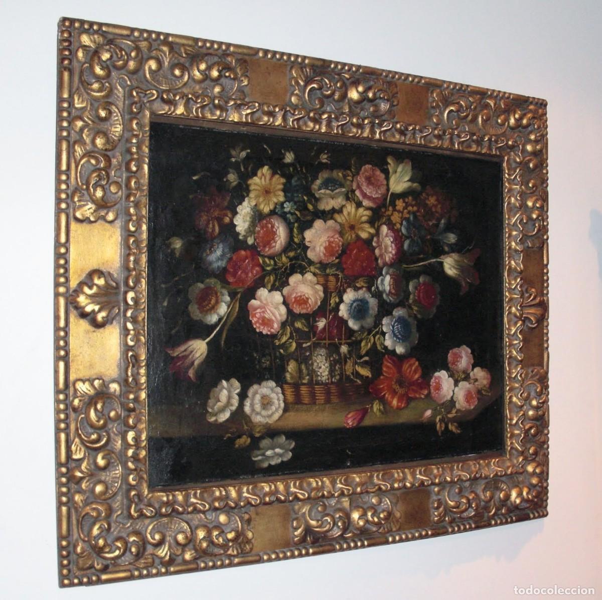 Arte: Escuela espa&ntilde;ola s. xvii-xviii. &Oacute;leo/lienzo 60 x 45 cm. Bodeg&oacute;n flores. Con marco de &eacute;poca posterior