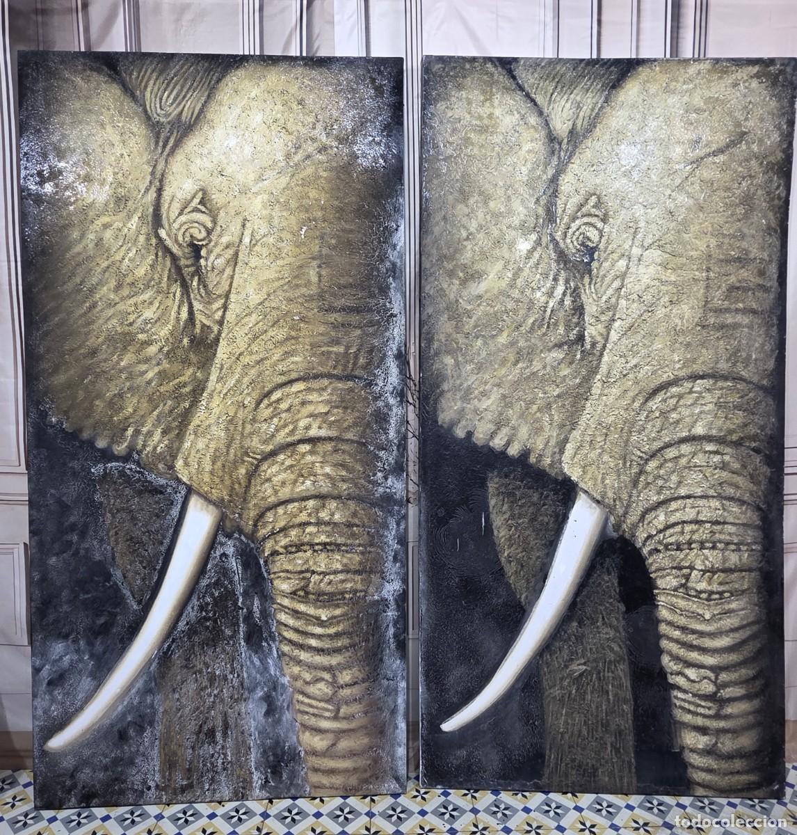 Arte: Pareja de cuadros decorativos de la cabeza de un elefante 121x240 cm
