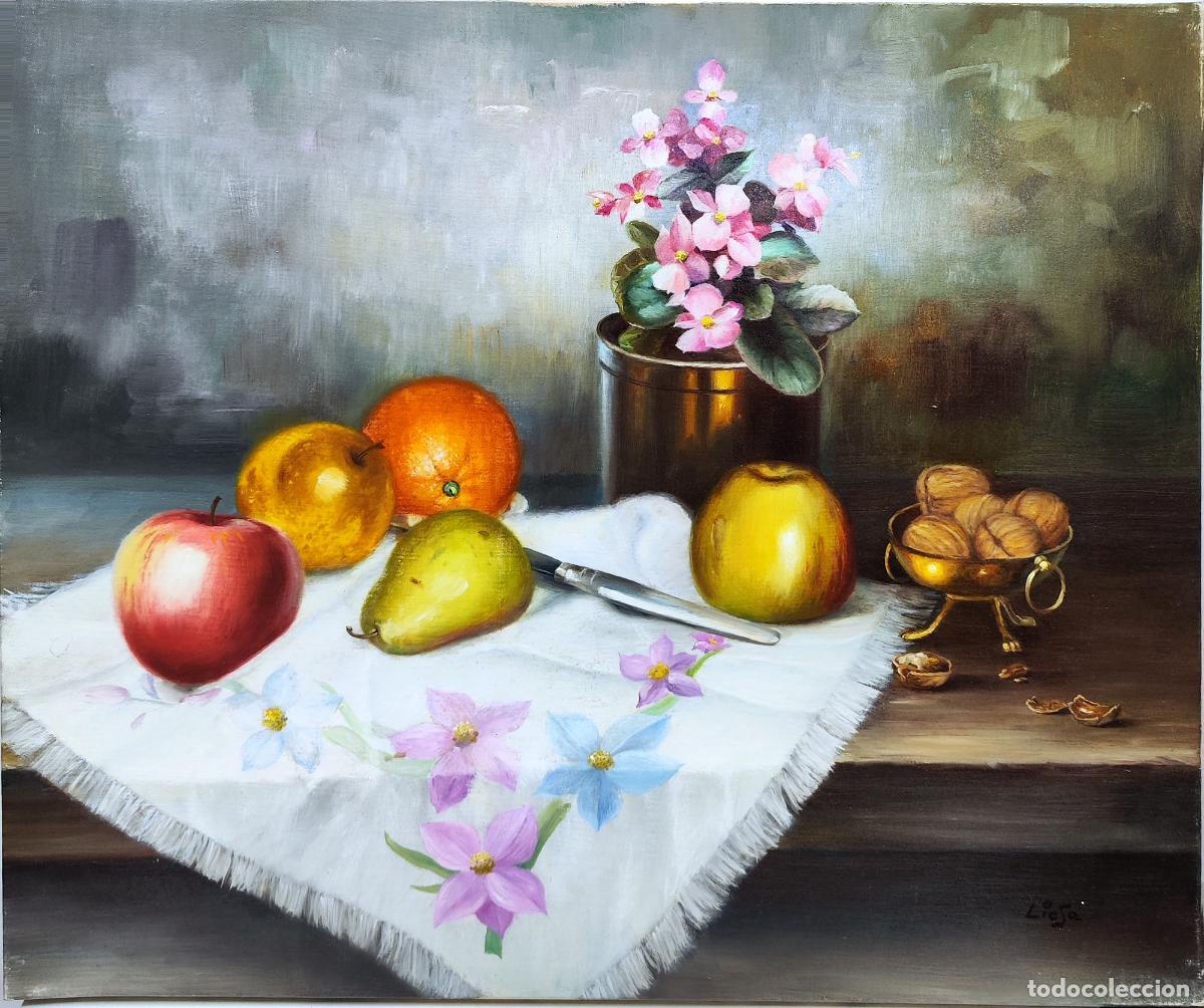 Arte: &Oacute;leo de Eduardo Liesa. Naturaleza muerta con frutas y flores. 55 x 46 cm