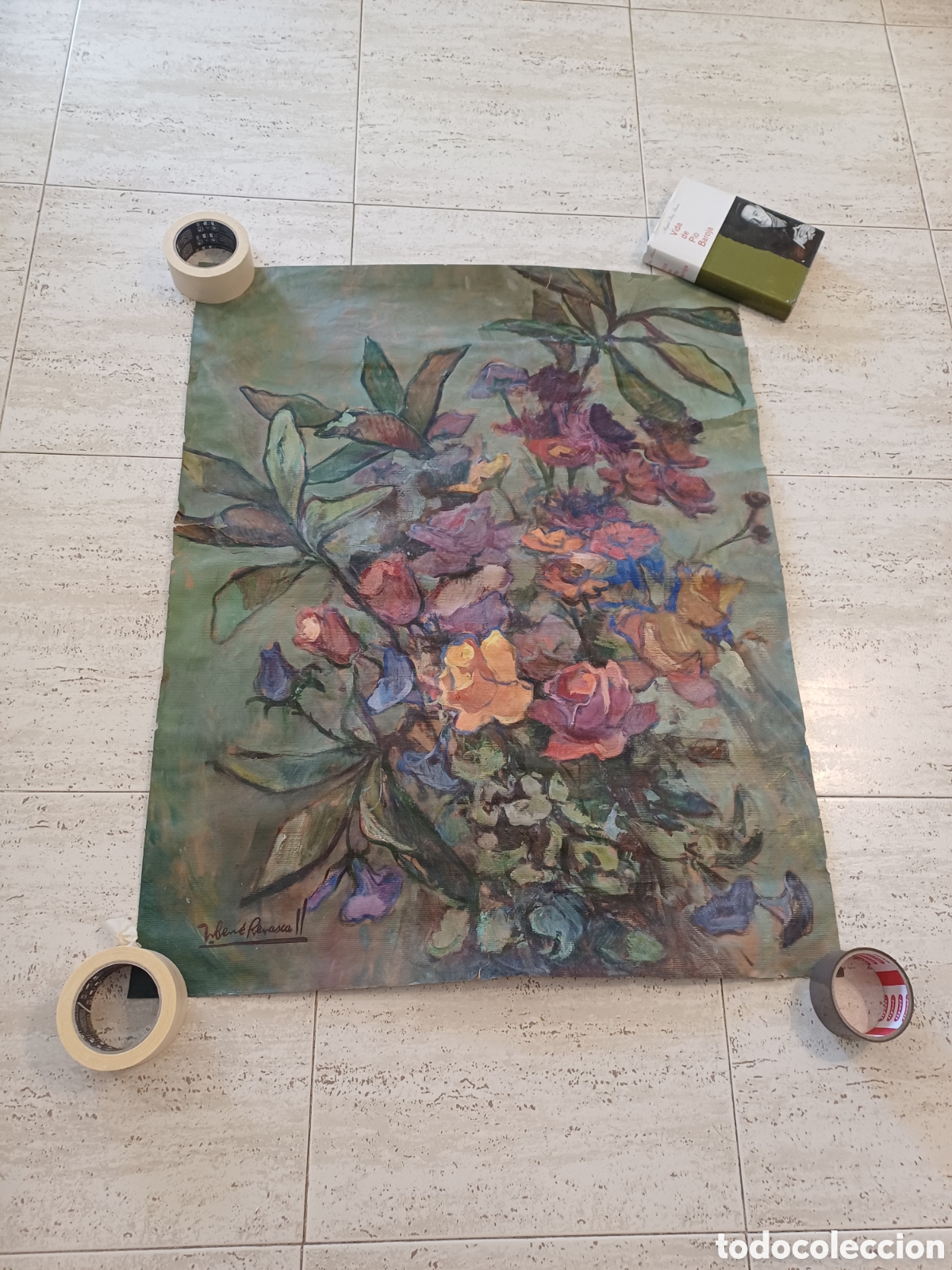 Arte: ANTIGUO OLEO INEDITO FIRMADO FERR&Eacute; REVASCALL, PINTADO SOBRE PAPEL MURAL, ROSAS