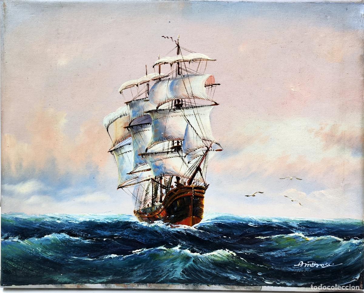 Arte: &Oacute;leo sobre lienzo. Velero en el mar. Firmado Ambroso. 41 x 33 cm