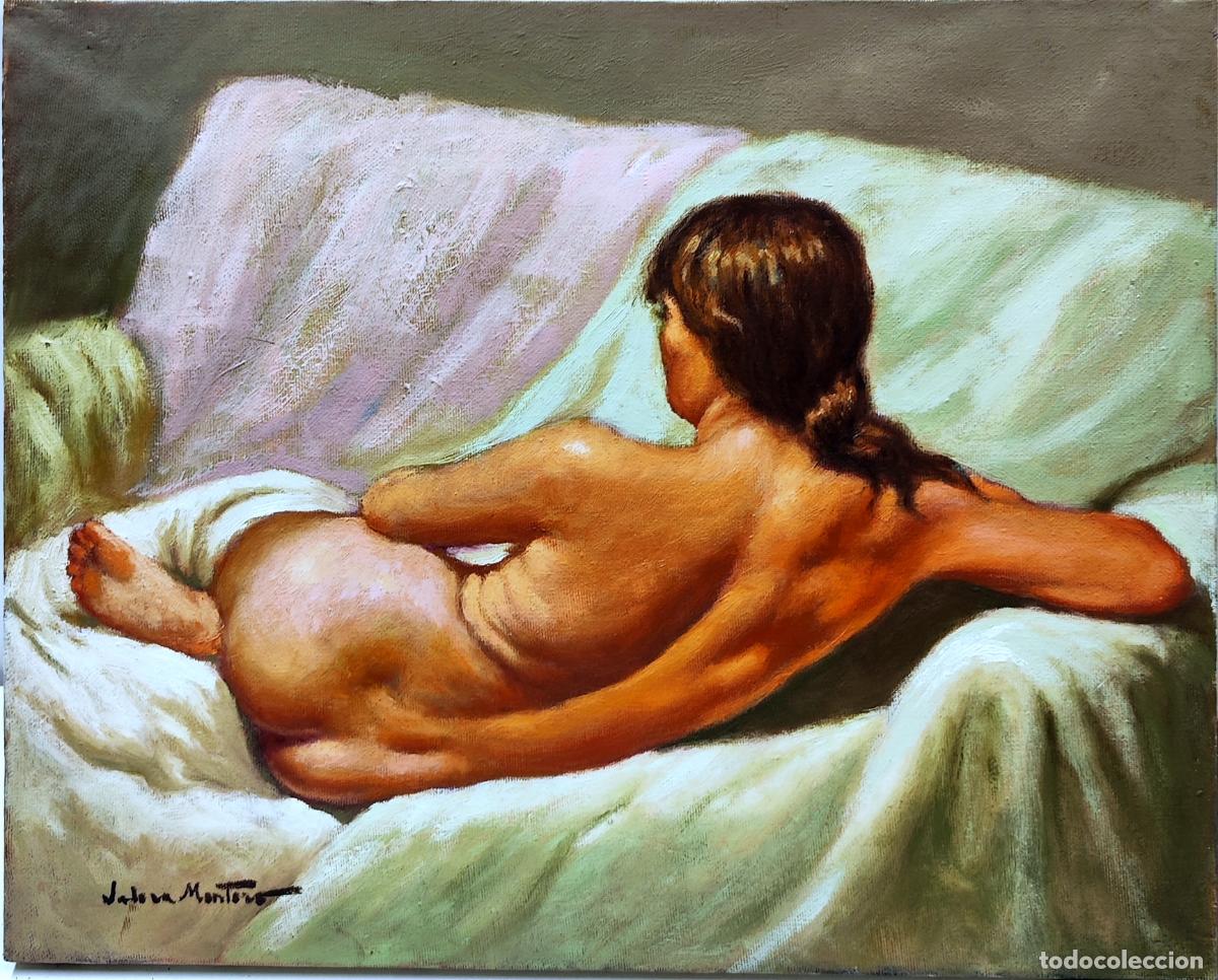 Arte: &Oacute;leo sobre lienzo. Figura femenina. Juan Valera Montero. 41x33 cm