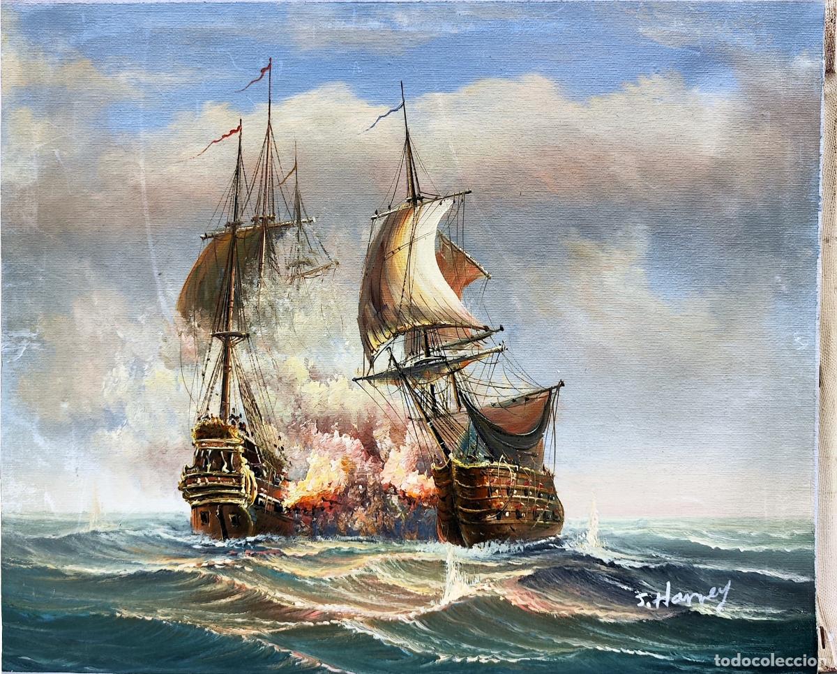 Arte: &Oacute;leo sobre lienzo. Combate naval. J Harvey. 41 x 33 cm